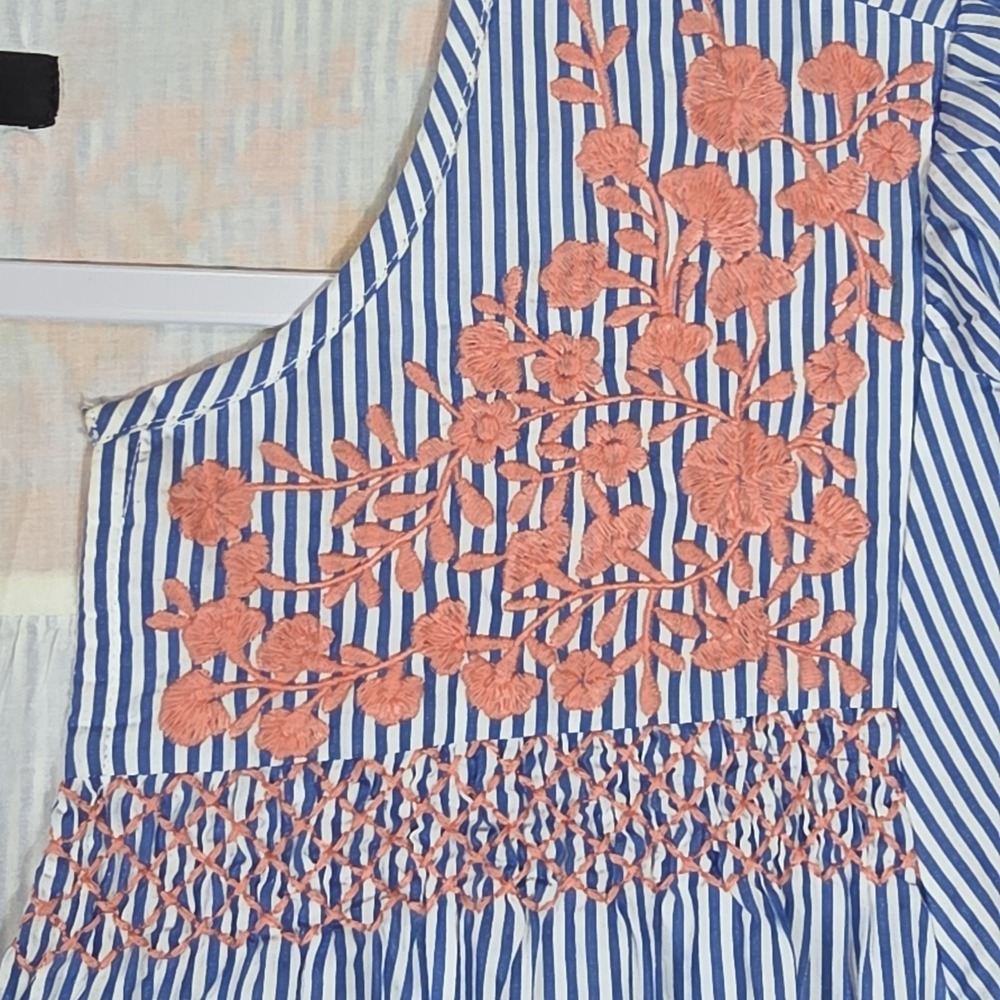 J Crew Embroidered Popover Blue White Striped‎ Tiered Above Knee Dress Sz Small - Picture 4 of 15